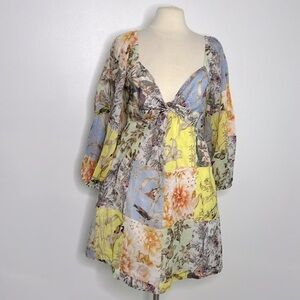 Banana Republic Ramie Twist Dress in Patchwork Blue deep v neckline size large